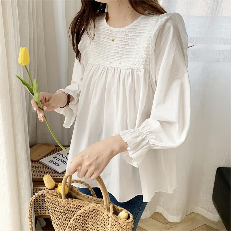 2024 Spring New Korean Literary Loose Versatile Babydoll Top Women's Pleated White Shirt Long Sleeve Round Neck