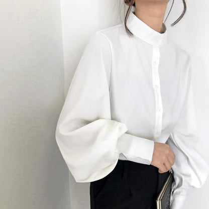 Black stand-up collar shirt women's design sense niche lantern sleeve top clothes