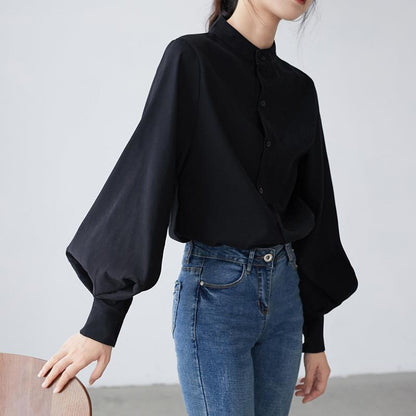 Black stand-up collar shirt women's design sense niche lantern sleeve top clothes