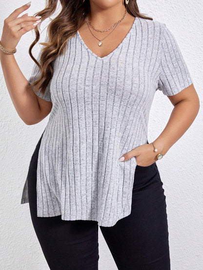 Solid Color Plus Size Top V-neck Short Sleeve Split Sunken Stripe