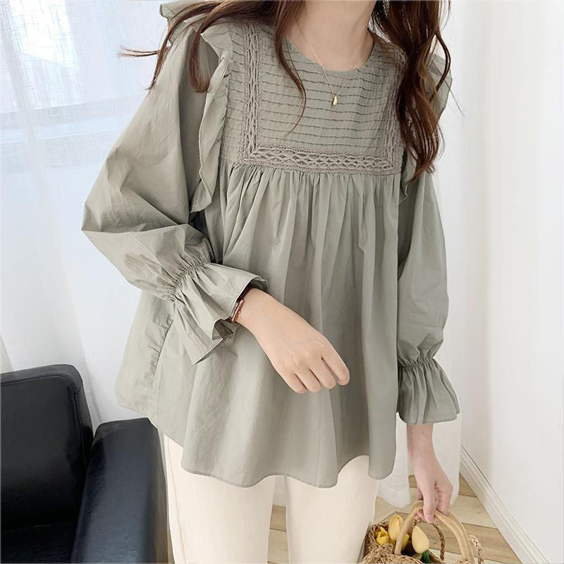 2024 Spring New Korean Literary Loose Versatile Babydoll Top Women's Pleated White Shirt Long Sleeve Round Neck