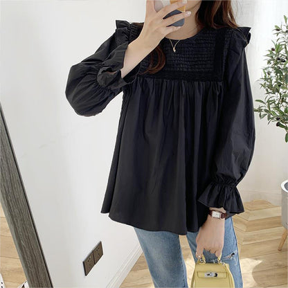 2024 Spring New Korean Literary Loose Versatile Babydoll Top Women's Pleated White Shirt Long Sleeve Round Neck