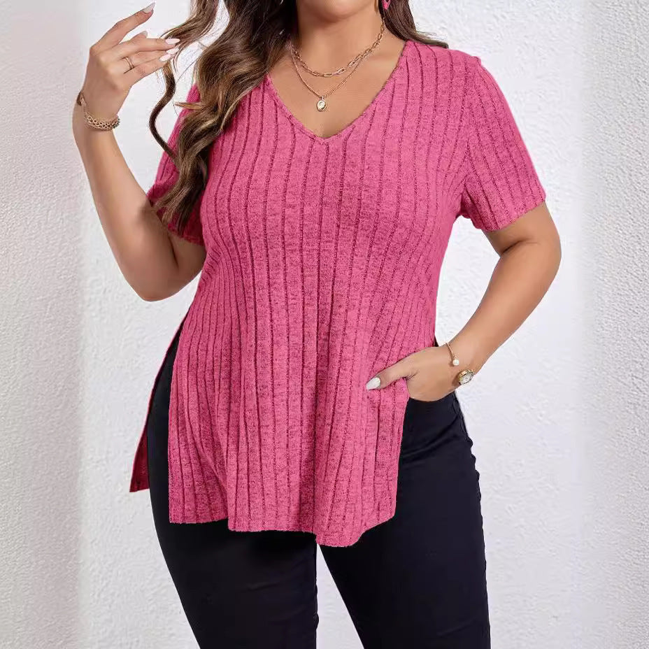 Solid Color Plus Size Top V-neck Short Sleeve Split Sunken Stripe