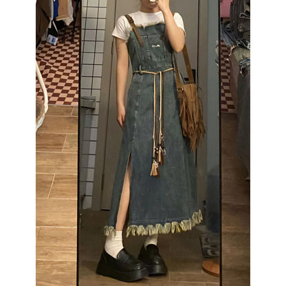 Retro Washed Raw Edge Denim Suspender Skirt