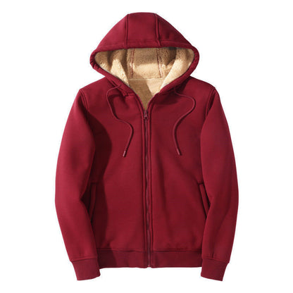 Men's Fleece-lined Thickened Hooded Sweatshirt Teenagers Cardigan Top