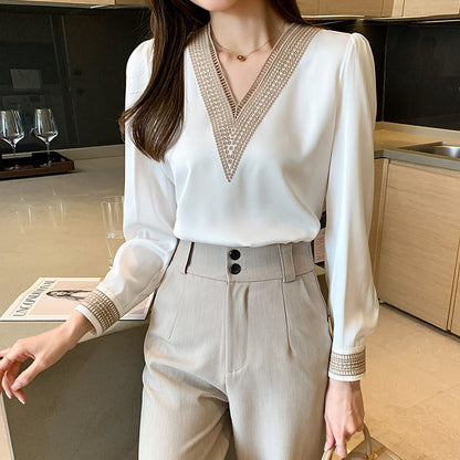 Shirt women's long-sleeved 2024 spring new fashion foreign style all-match v-neck satin chiffon top