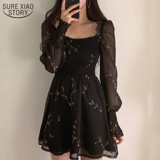 Autumn Womens Vintage flower chiffon dress: Sexy, black, long puff sleeve, Korean casual Mini Vestidos Mujer Clothes