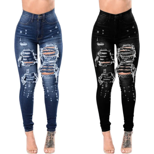 Women's High Waist Ripped Skinny Jeans - Stretch Denim Pencil Pants