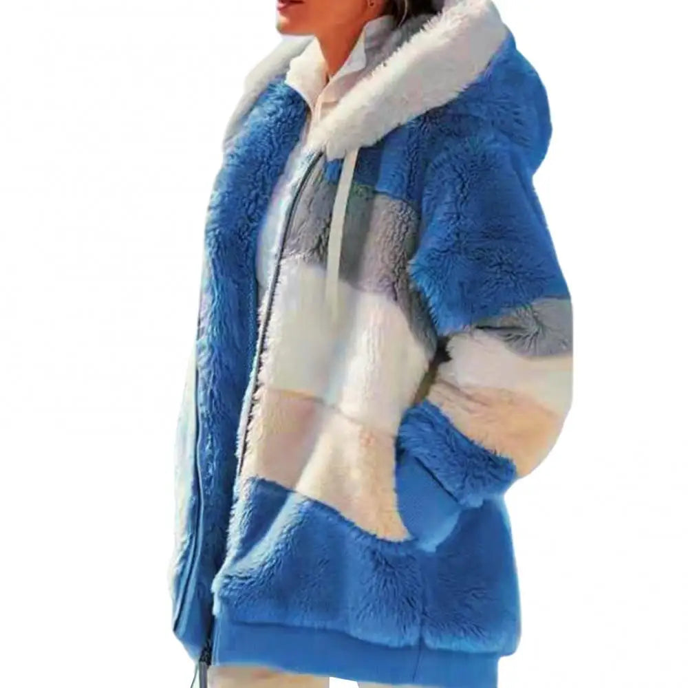 Women Color Block Fleece Parka: Warm Hooded Fluff Coat for Autumn/Winter