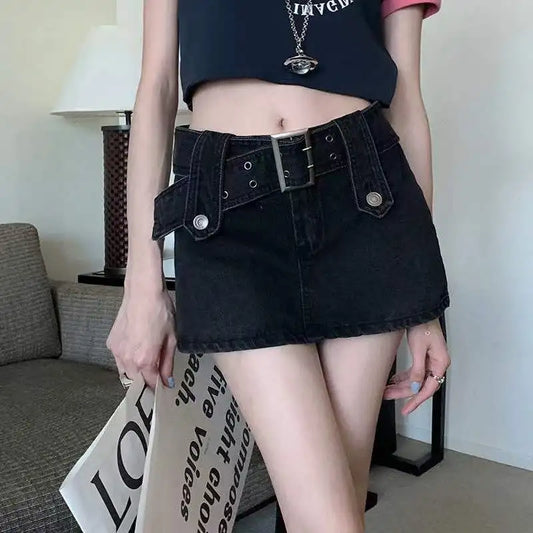 Women's Summer Denim Sexy Short Belted Mini Skirt