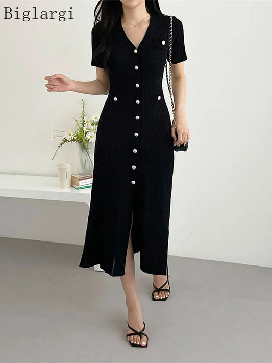 Women Elegant Black Knitted Bodycon Midi Dress - Korean Style with Ruffles