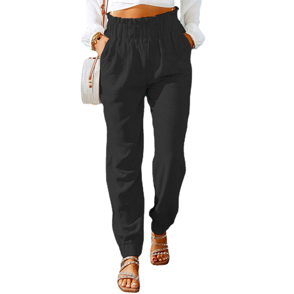 New Casual Pants European And American Ruffled Elastic Belt High Waist Trousers