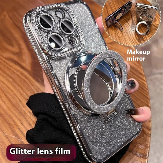 Makeup Mirror Bracket Phone Case Glitter Protective Cover