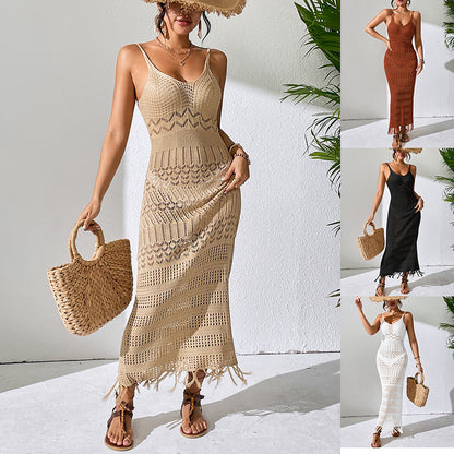 Cutout Sling Long Dress Slim-fit Tassel Beach Sleeveless Knitted V-neck