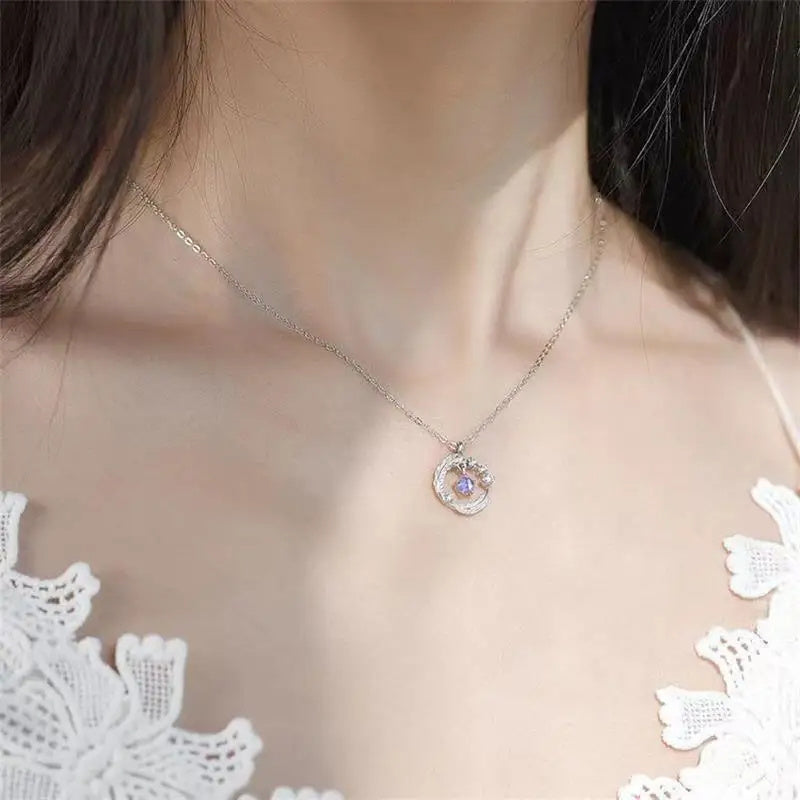 925 Silver Plated  Feather Shape Pendant Necklace Moonstone Round Bead Jewelry Choker Gift