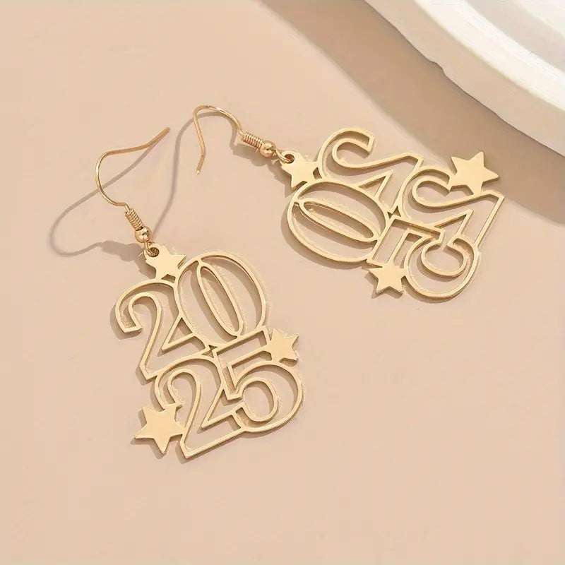 New Creative Gloden Number 2025 Dangle Earring For Women Fashion Jewelry New Year Earring For Party