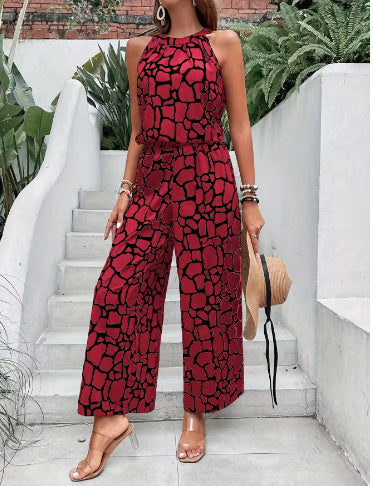 Sleeveless Printed Waist-controlled Lace-up One-piece Trousers