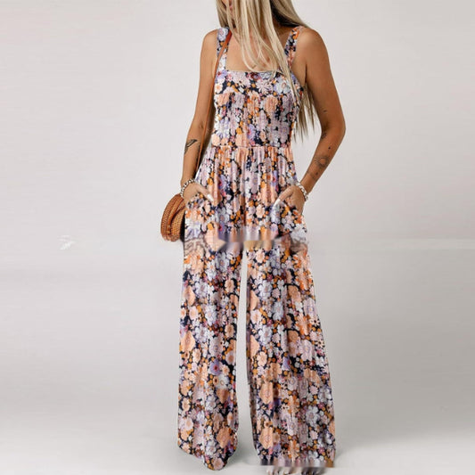 European And American Bohemian Spaghetti-strap Floral Print Overalls