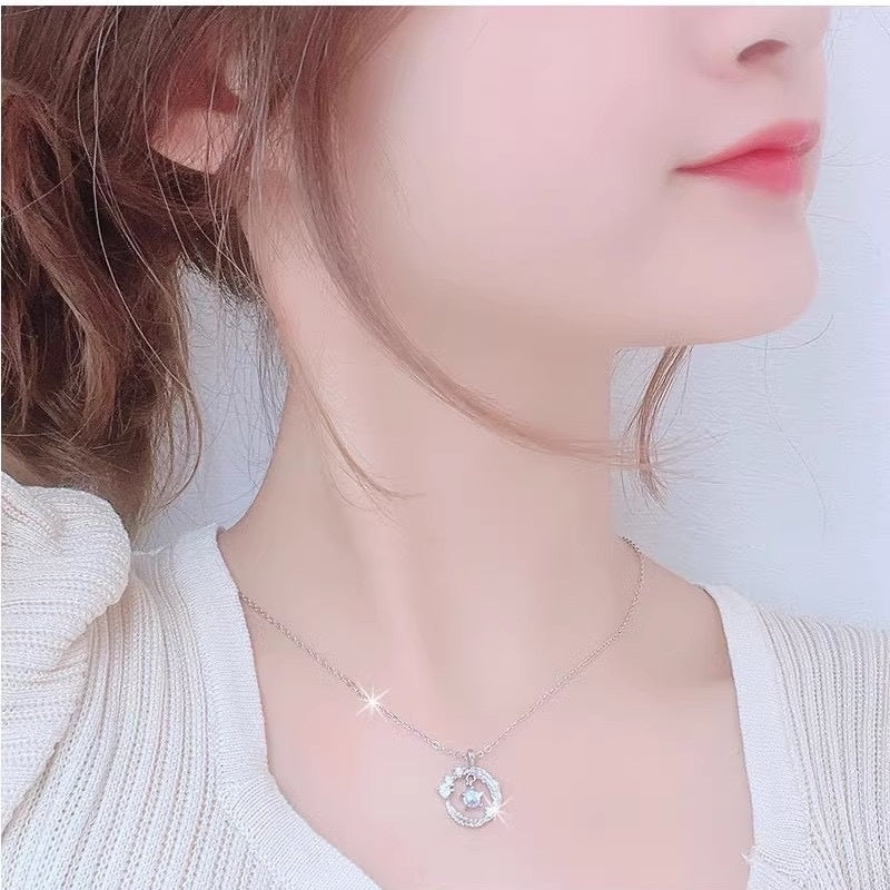 925 Silver Plated  Feather Shape Pendant Necklace Moonstone Round Bead Jewelry Choker Gift