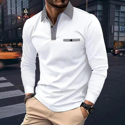 Leisure Plaid Lapel Polo Shirt Fashion Solid Color Long Sleeve Tops Men's Clothing