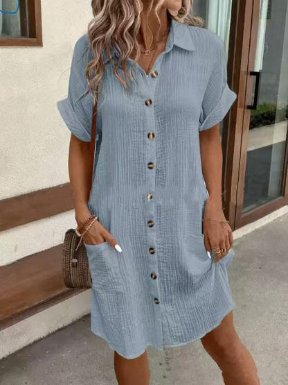 Summer Short Sleeve Shirt Dress Fashion Solid Color Single-breasted Mid-length Loose Dress