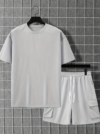 Men's Outfit, Solid Casual Loose Crew Neck Short Sleeve T-Shirt & Drawstring Shorts With Multi Pockets 2-piece Set For Summer Outdoor Activities