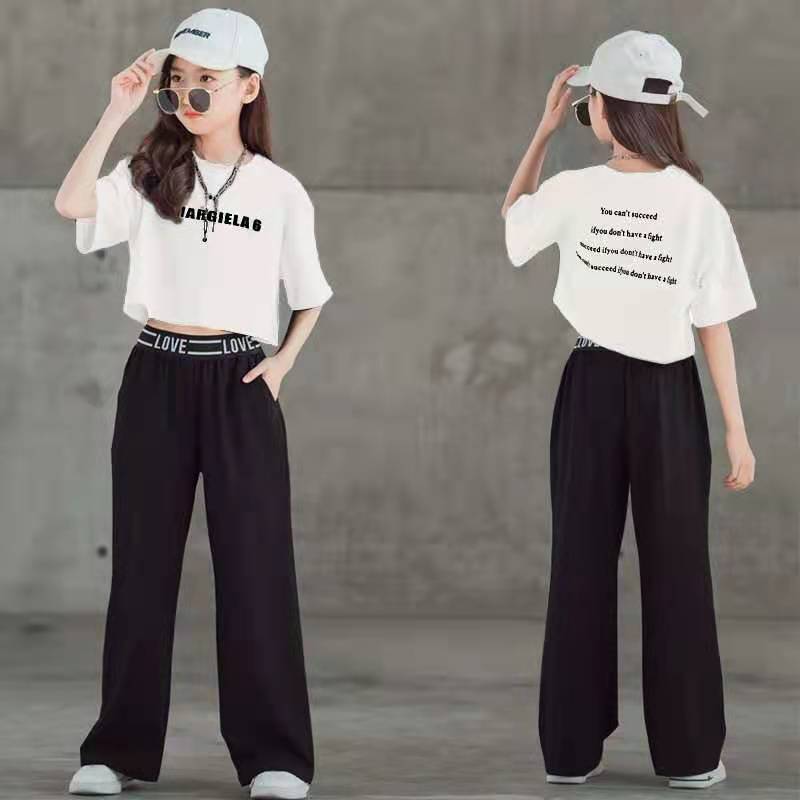 Summer New Medium And Large Children's Western Style Internet Celebrity Short Sleeve Wide Leg Pants Two-piece Set