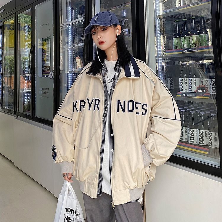 Vintage Mock Neck Loose Baseball Suit Versatile Coat Women