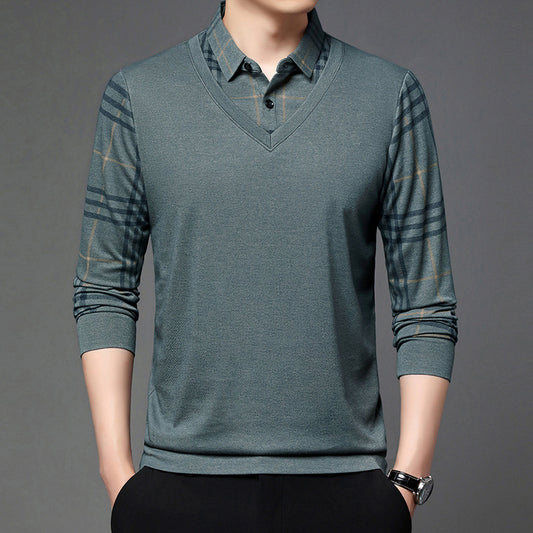 Men Fake Two-piece Lapel Long-sleeved Men's T-shirt