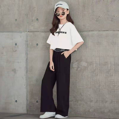 Summer New Medium And Large Children's Western Style Internet Celebrity Short Sleeve Wide Leg Pants Two-piece Set