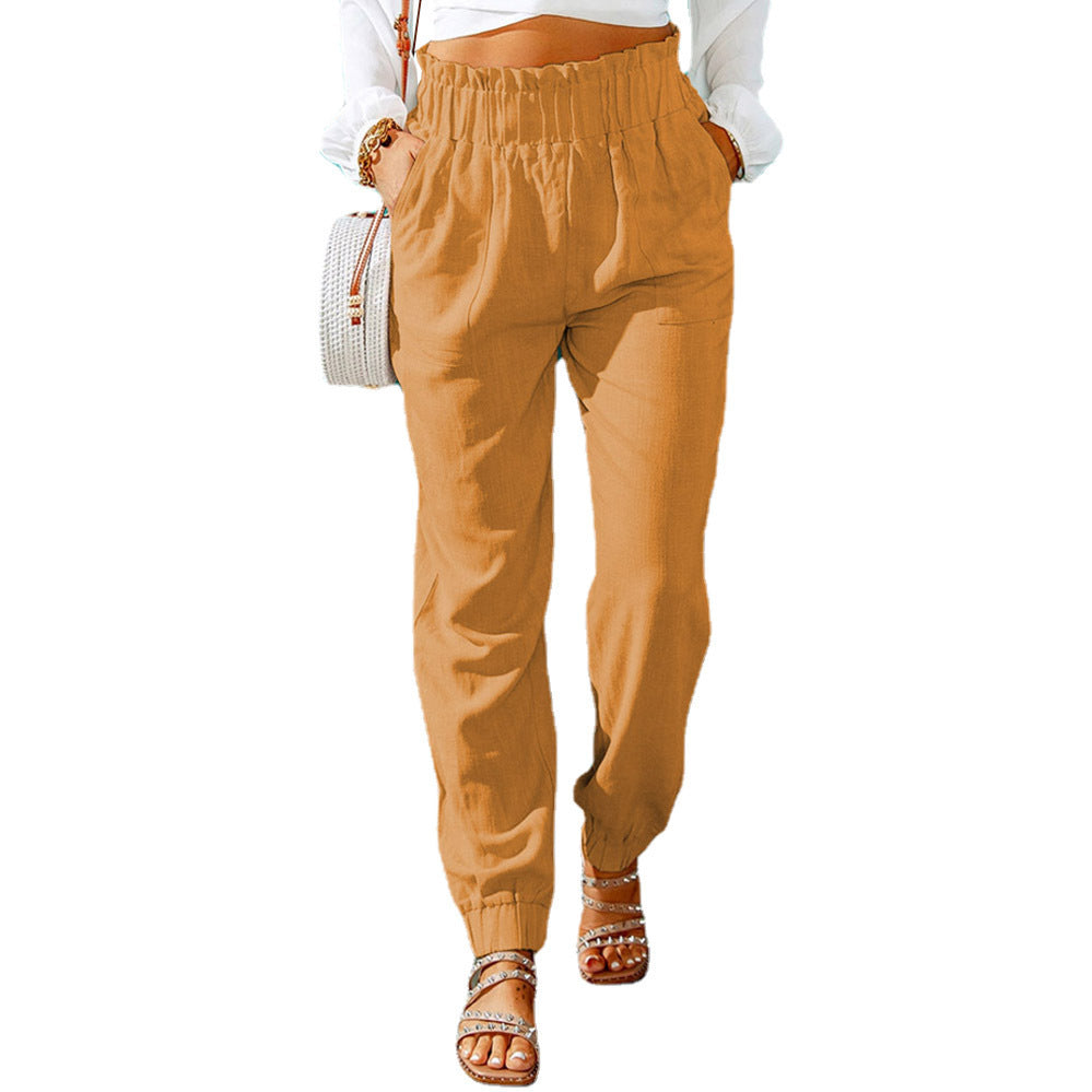 New Casual Pants European And American Ruffled Elastic Belt High Waist Trousers