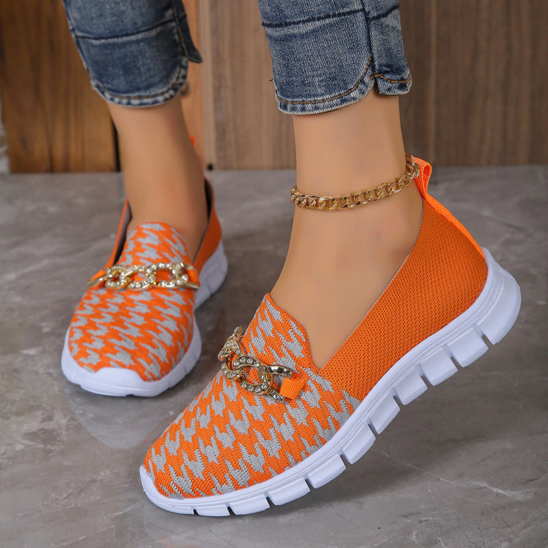 Casual Houndstooth Print Chain Mesh Shoes Summer Walking Sports Flat Shoes Women Breathable Loafers