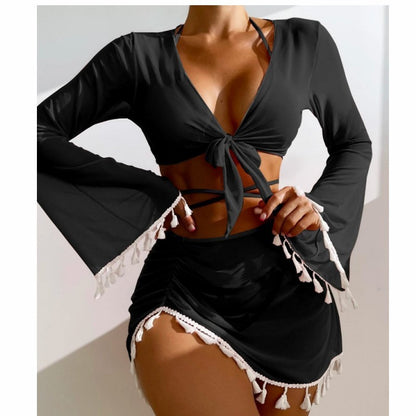 Solid Color Bikini With Short Skirt And Long Sleeve Cover-up Fashion Bow Tie Fringed Swimsuit Set Summer Beach Womens Clothing