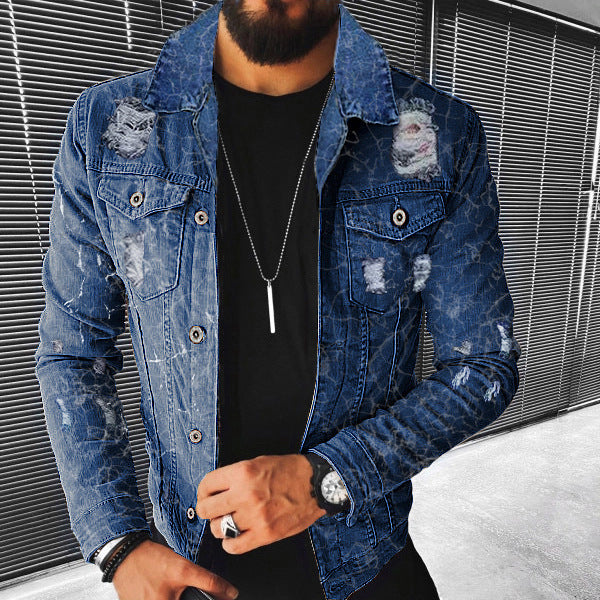 Fashion Print Distressed Print Denim Jacket Men's