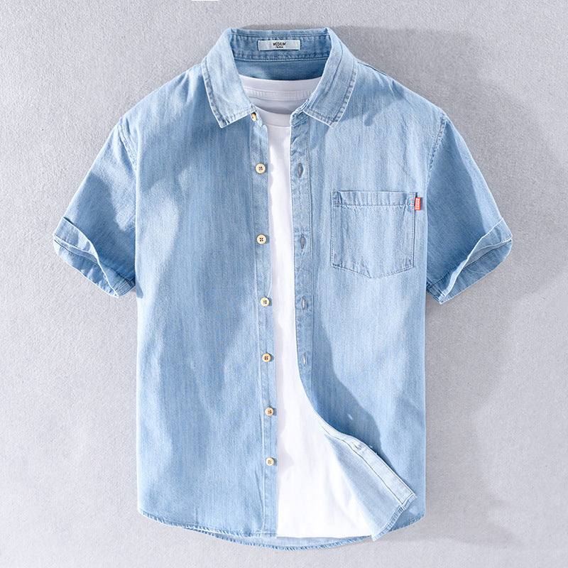 Summer Cotton Short Sleeve Denim Shirt For Men Classic All-matching