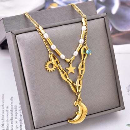 Good Night Moon Clavicle Chain Pearl XINGX Double-layer Pendant Necklace