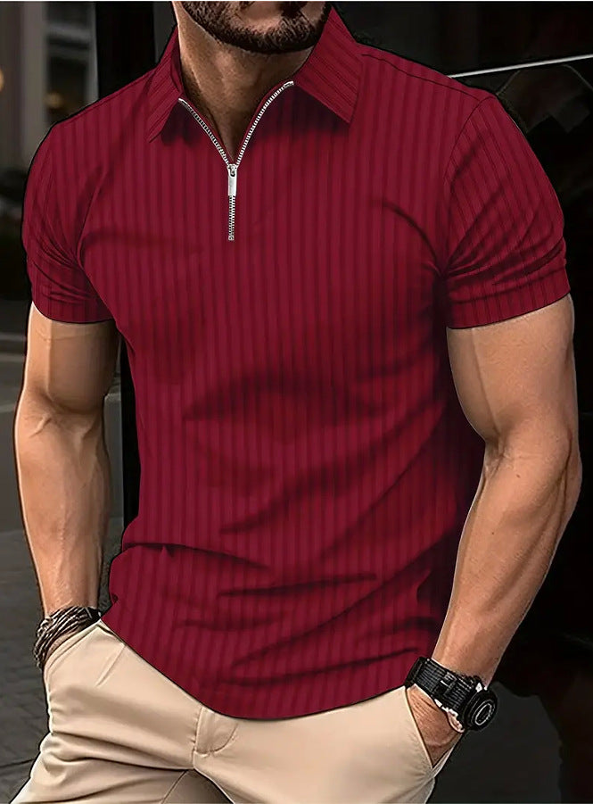 Men's T-shirt Striped Zipper Short Sleeve Solid Color