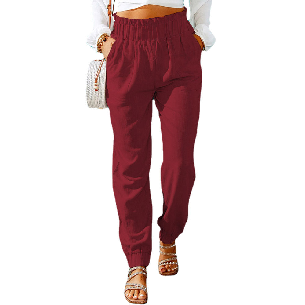 New Casual Pants European And American Ruffled Elastic Belt High Waist Trousers