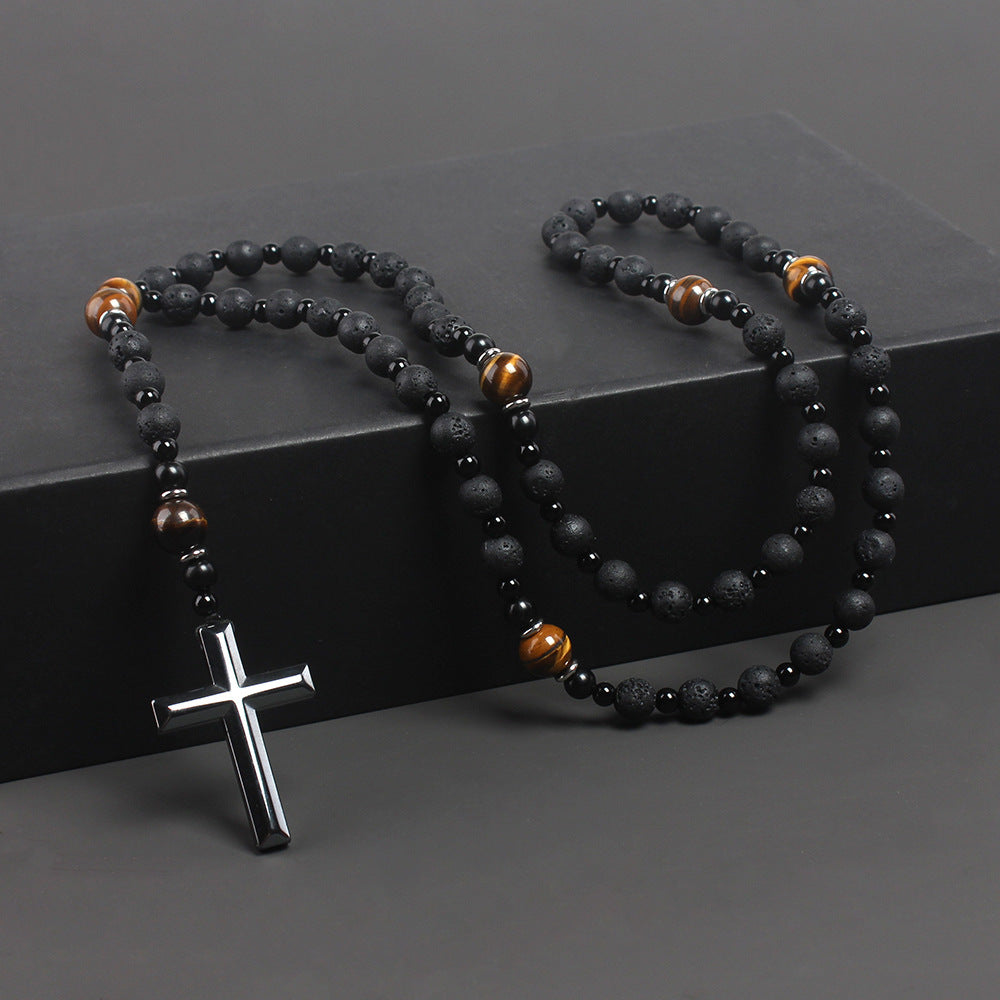 Natural Stone Black Volcanic Rock Yellow Tiger Eyes Iron Stone Cross Necklace