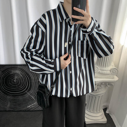 Hong Kong Style Color Block Striped Long-sleeved Shirt