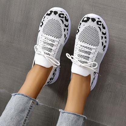 White Shoes Women Leopard Print Lace-up Sneakers Sports