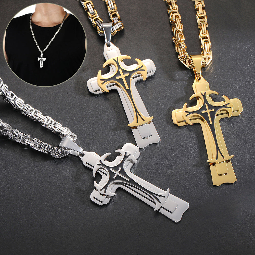 Fashion Jewelry Christian Trinity Latin Cross Necklace For Men Stainless Steel Three Layers Cross Pendants Necklaces Jewelry Gift