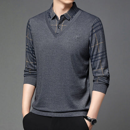 Men Fake Two-piece Lapel Long-sleeved Men's T-shirt