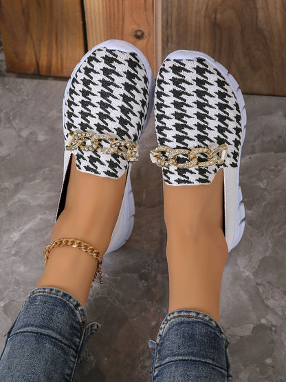 Casual Houndstooth Print Chain Mesh Shoes Summer Walking Sports Flat Shoes Women Breathable Loafers