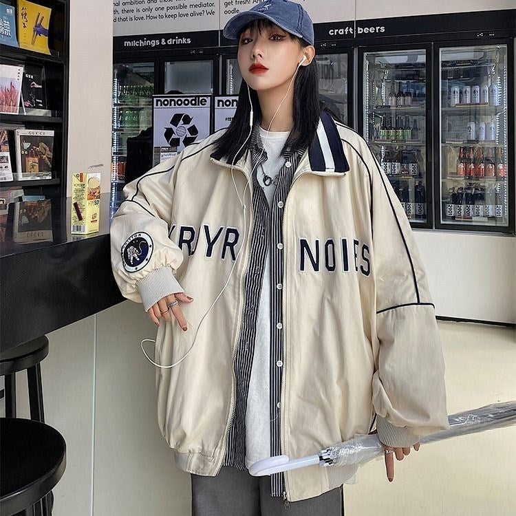 Vintage Mock Neck Loose Baseball Suit Versatile Coat Women