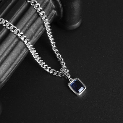 Silver Cuban Link Chain SETI Net Lucky Blue Zircon Pendant Necklace